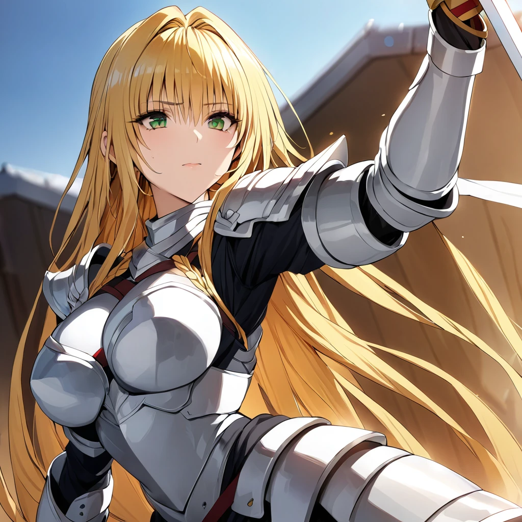 ((Highest quality)), ((masterpiece)), (detailed), (Perfect Face)、The woman is Tiare, a female knight with green eyes, medium-long blonde hair, wearing armor and holding a sword.