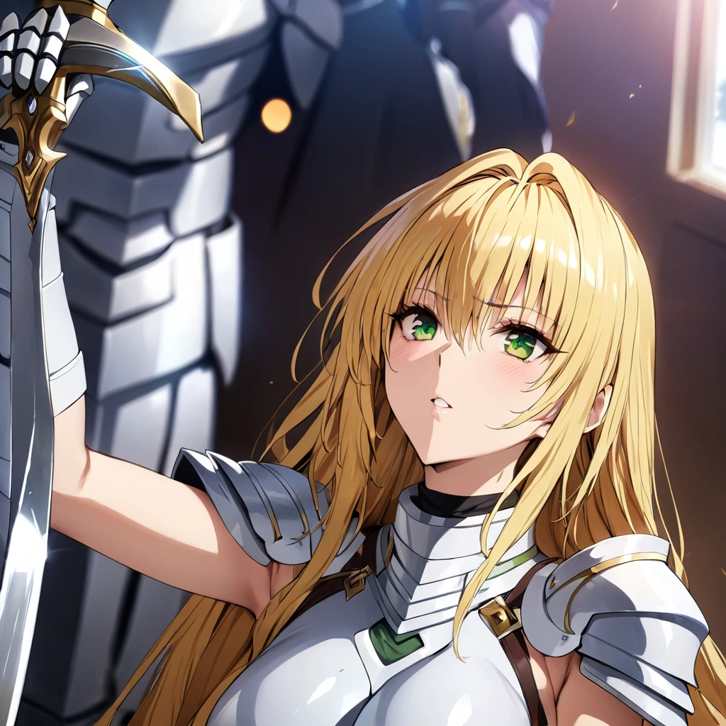 ((Highest quality)), ((masterpiece)), (detailed), (Perfect Face)、The woman is Tiare, a female knight with green eyes, medium-long blonde hair, wearing armor and holding a sword.