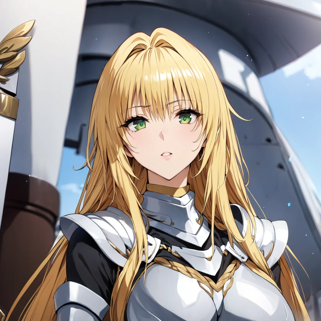 ((Highest quality)), ((masterpiece)), (detailed), (Perfect Face)、The woman is Tiare, a female knight with green eyes, medium-long blonde hair, wearing armor and holding a sword.