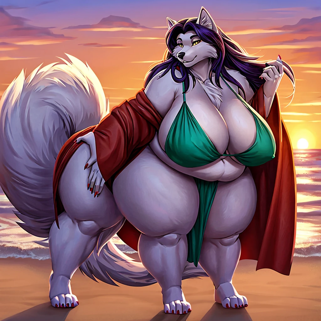 Wolf, female, long hair, morbidly obese, lightly clothed, coloured nails,robe,bikini top, sunset l,beach,fat arms , half nude,heavy bottom, massive thighs, massive hips,big tail