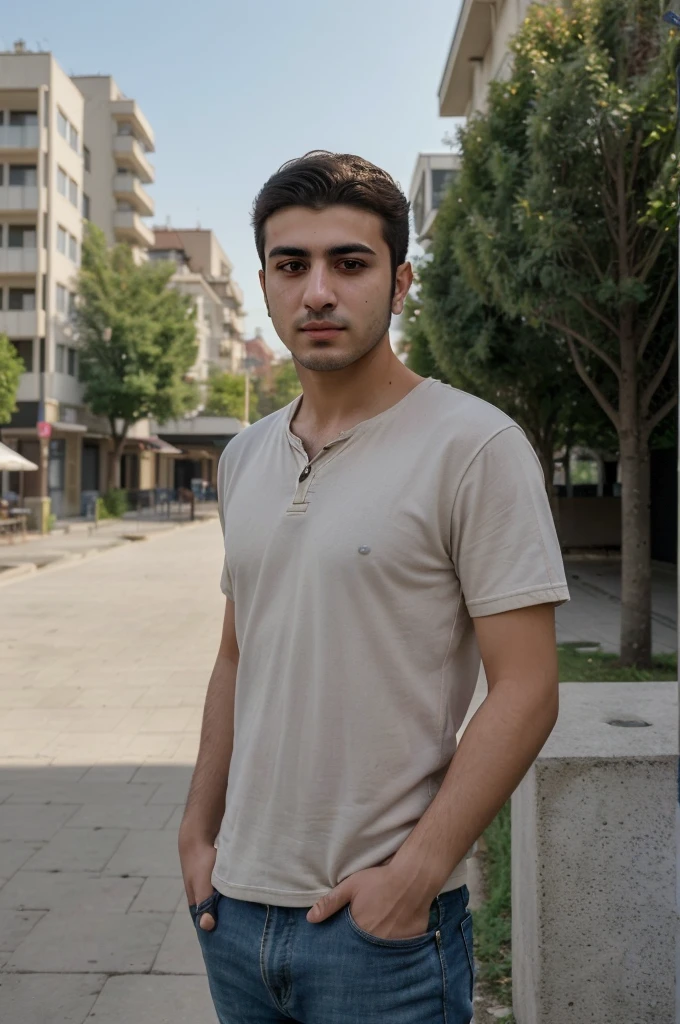 A young Turkish man around 25 years old, captured in an ultra-realistic portrait, wearing casual clothes and sporting casuaz short hair, standing outside on a sunny day. His expression is relaxed and natural, blending seamlessly into the urban backdrop. Photo should looks like a taked from real phone. Negative prompt: bad face. Photography, 8K HD resolution for lifelike detail, --ar 1:1 --v 5 