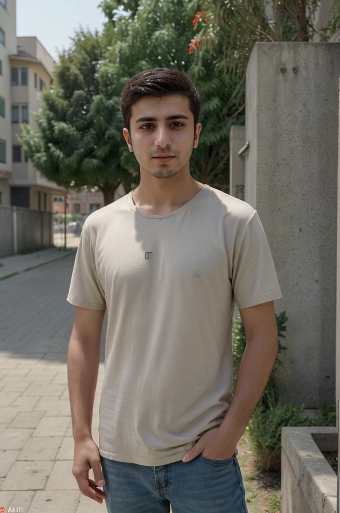 A young Turkish man around 25 years old, captured in an ultra-realistic portrait, wearing casual clothes and sporting casuaz short hair, standing outside on a sunny day. His expression is relaxed and natural, blending seamlessly into the urban backdrop. Photo should looks like a taked from real phone. Negative prompt: bad face. Photography, 8K HD resolution for lifelike detail, --ar 1:1 --v 5 