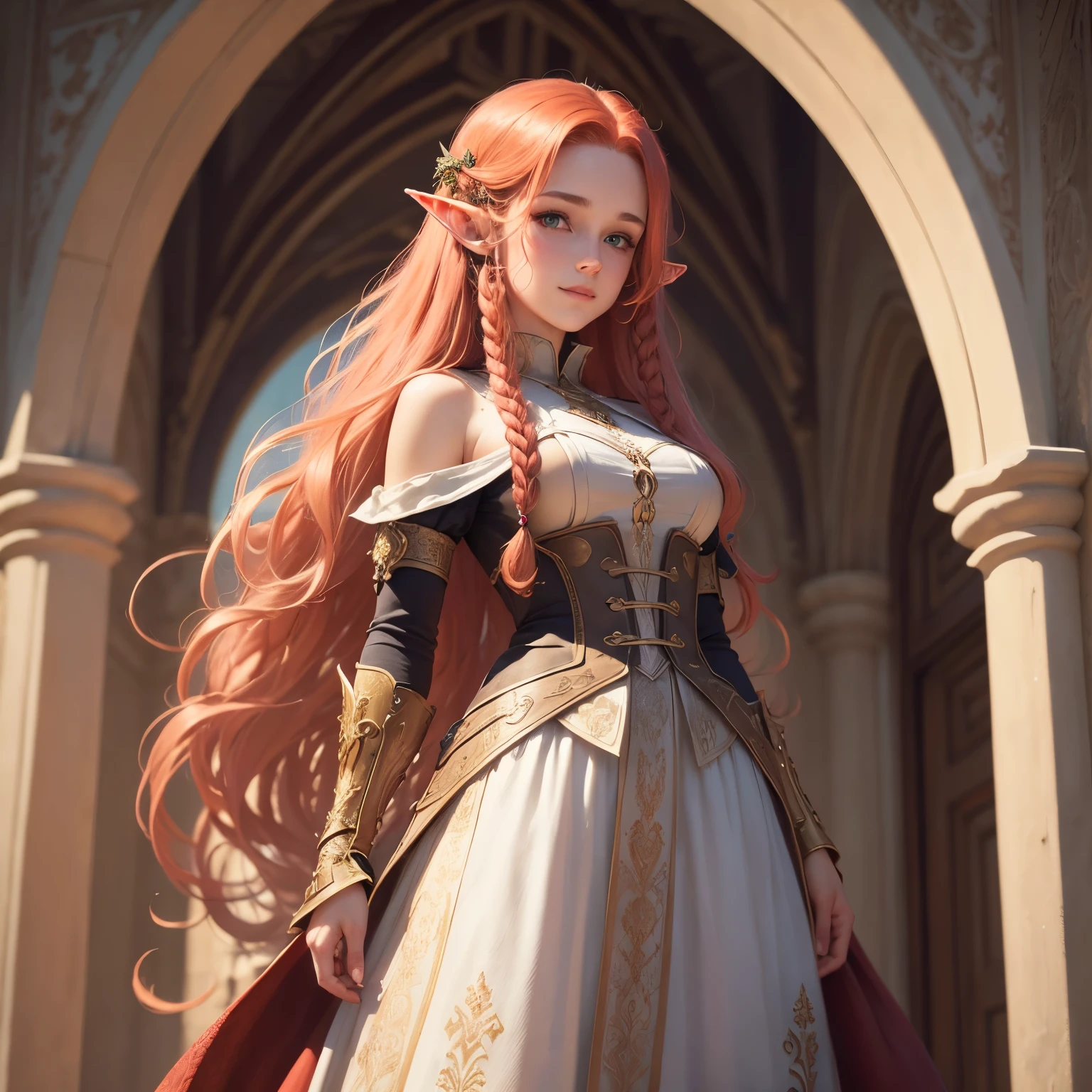 sup((best quality)), ((masterpiece)), (detailed), Prize-winning works, with incredible details, maximum textures and details, supHD ,8K,super resolution ,depth of field, retina, masterpiece, anatomically correct, textured skin, super detail, high details, highres ,an elf ,wearing medieval dress with lots of details1 Medieval female fantasy RPG elf,hair in the wind,very long light red hair wavy braid ,((hair,)),shy smile,similar to the work of JRR Tolkien,longCap ,fully body, hyper-detailed piercing eyes , (25 year old young man :1.1,detailedeyes, face detailed, whole body:1.1,the background is a magnificent castle similar to Castello de Chambord ),(best qualityer:1.2,ultra detali:1.1,realisitic:1.37) ,eyeshadows,sharp focus,swirly vibrant colors,)