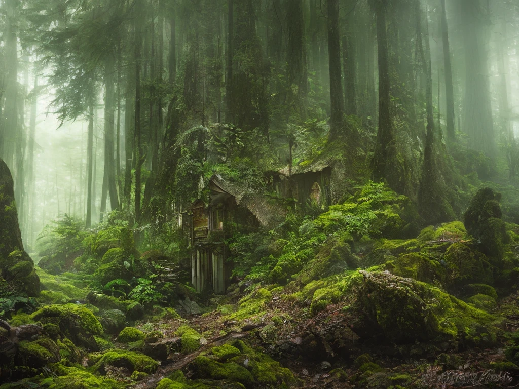 A cottage in a thick forest, high chaos, dark fairytale atmosphere, intricate work by Johan Grenier style, Alyssa Monks style