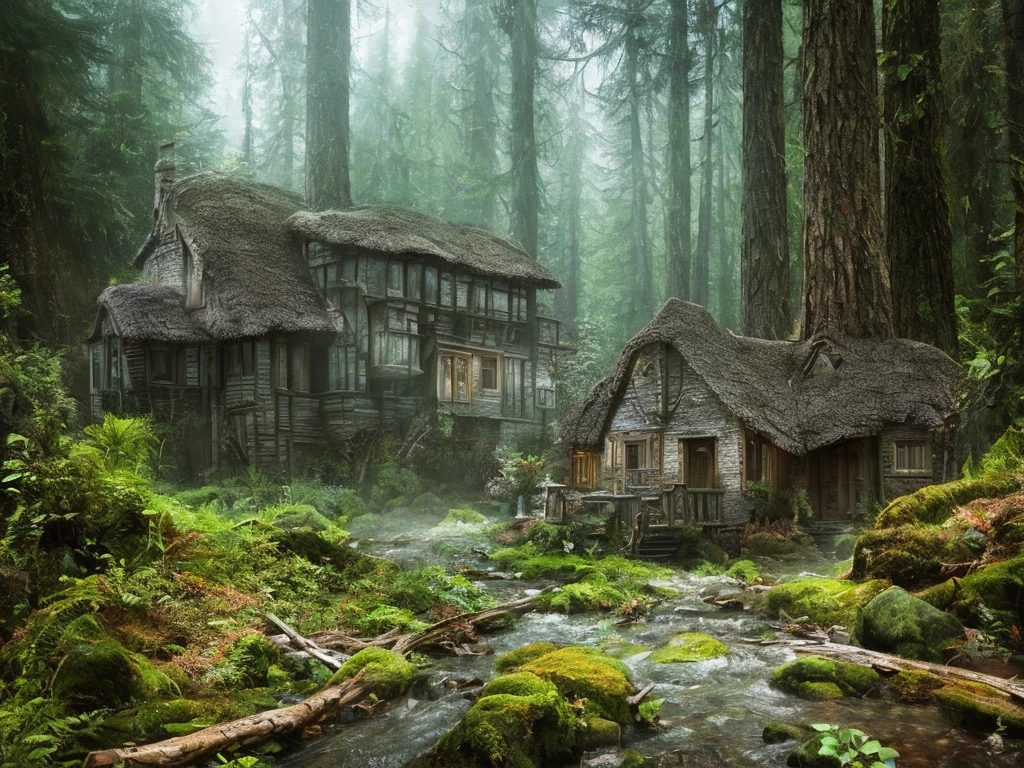 A cottage in a thick forest, high chaos, dark fairytale atmosphere, intricate work by Johan Grenier style, Alyssa Monks style