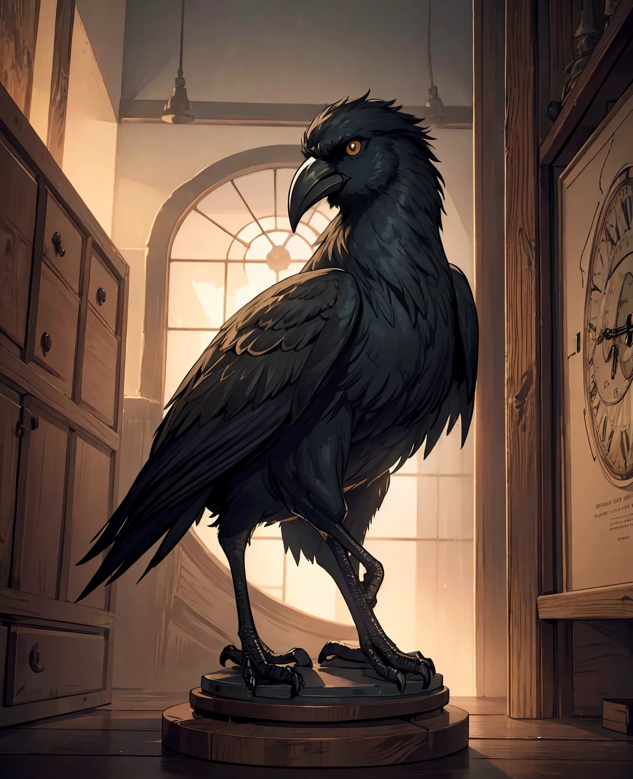 a crow perched on an old analog clock, detailed feathers, intricate clock mechanism, rustic aged metal, moody lighting, grungy atmosphere, dark tones, (best quality,4k,8k,highres,masterpiece:1.2),ultra-detailed,(realistic,photorealistic,photo-realistic:1.37),HDR,UHD,studio lighting,extreme detail description,professional,vivid colors,atmospheric,dark fantasy