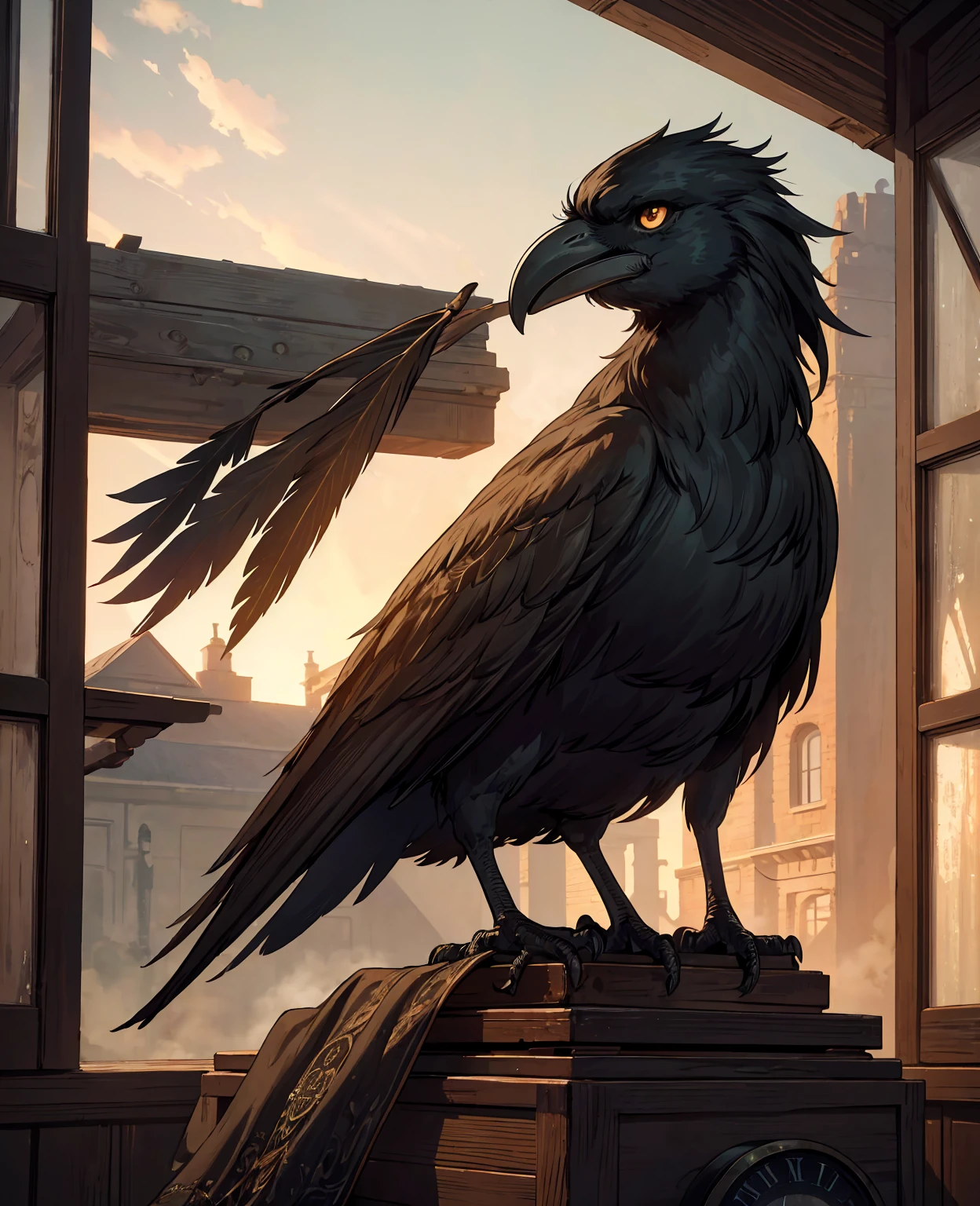 "An ultra-detailed masterpiece dark ruins with intricate details emphasized on the large black feathers. The realism of the image is highlighted by delicate lighting a best-quality and ultra-detailed illustration."
