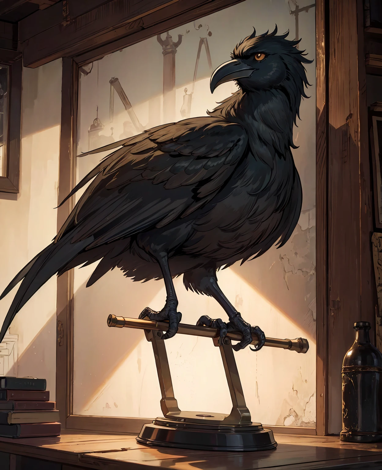 a crow perched on an old analog clock, detailed feathers, intricate clock mechanism, rustic aged metal, moody lighting, grungy atmosphere, dark tones, (best quality,4k,8k,highres,masterpiece:1.2),ultra-detailed,(realistic,photorealistic,photo-realistic:1.37),HDR,UHD,studio lighting,extreme detail description,professional,vivid colors,atmospheric,dark fantasy