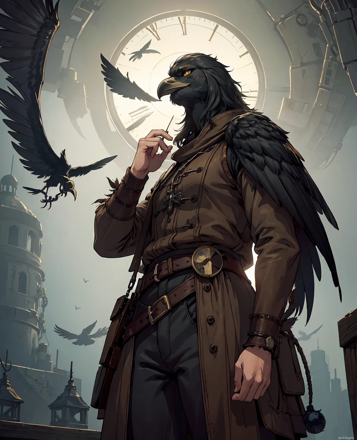 a crow perched on an old analog clock, detailed feathers, intricate clock mechanism, rustic aged metal, moody lighting, grungy atmosphere, dark tones, (best quality,4k,8k,highres,masterpiece:1.2),ultra-detailed,(realistic,photorealistic,photo-realistic:1.37),HDR,UHD,studio lighting,extreme detail description,professional,vivid colors,atmospheric,dark fantasy