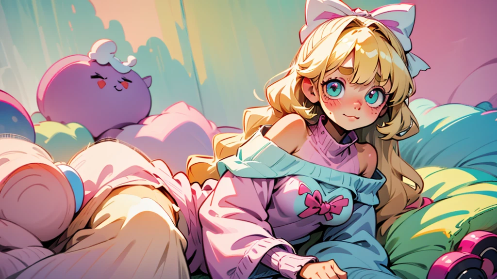 cute, happy, very long blonde hair, bangs, white bow in the back of hair, turquise eyes, big eyes, pink oversized off shoulder sweater, kawaii, comfy, white and pastel pink bedroom, lay down on bed, gamer, adorable, cuteness, shy, blush, closeup, twitter header, cozy, comfy, sleepy, long sleeves, no pants, only a big sweater that covers everything