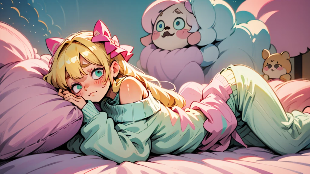 cute, happy, very long blonde hair, bangs, white bow in the back of hair, turquise eyes, big eyes, pink oversized off shoulder sweater, kawaii, comfy, white and pastel pink bedroom, lay down on bed, gamer, adorable, cuteness, shy, blush, closeup, twitter header, cozy, comfy, sleepy, long sleeves, no pants, only a big sweater that covers everything