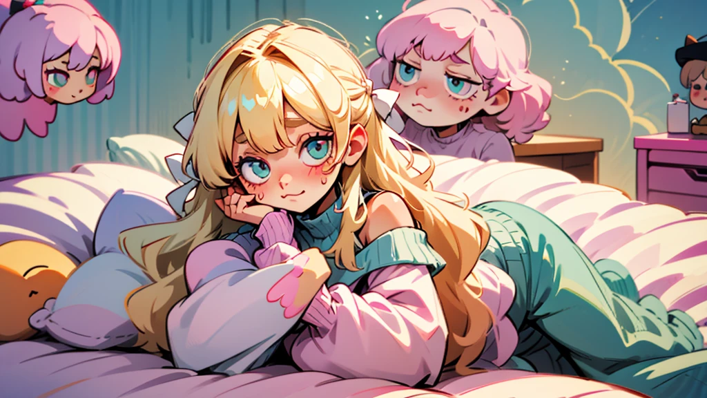 cute, happy, very long blonde hair, bangs, white bow in the back of hair, turquise eyes, big eyes, pink oversized off shoulder sweater, kawaii, comfy, white and pastel pink bedroom, lay down on bed, gamer, adorable, cuteness, shy, blush, closeup, twitter header, cozy, comfy, sleepy, long sleeves, no pants, only a big sweater that covers everything