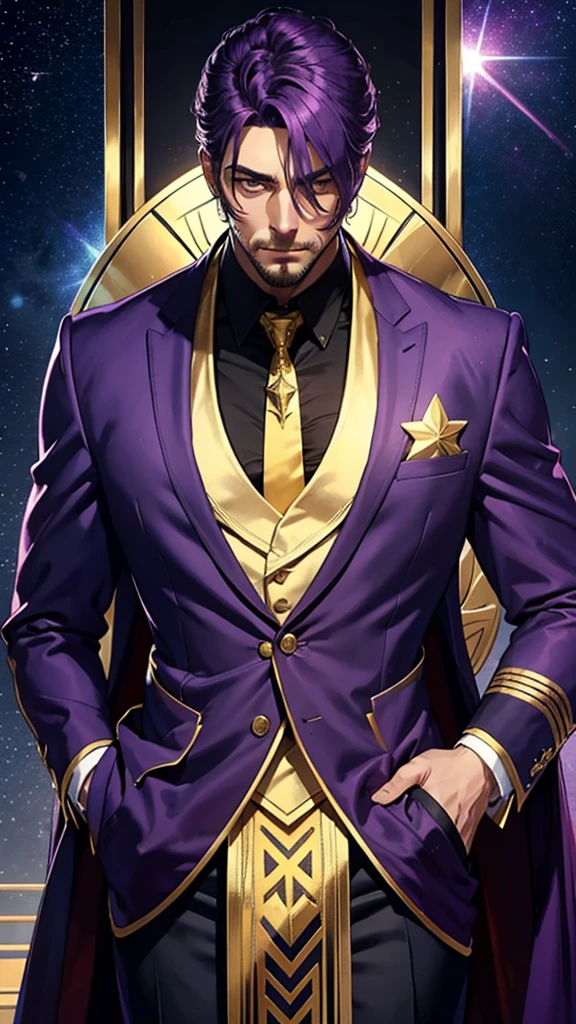 A tall, strong man who wears a purple suit with gold details and wears a star mask that covers his entire face 