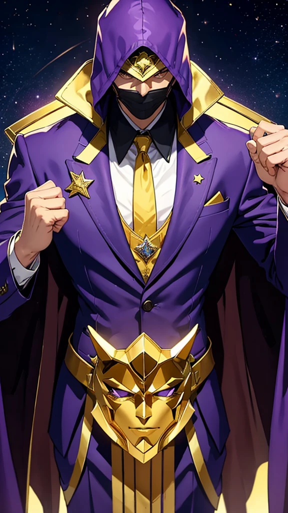 A tall, strong man who wears a purple suit with gold details and wears a star mask that covers his entire face 