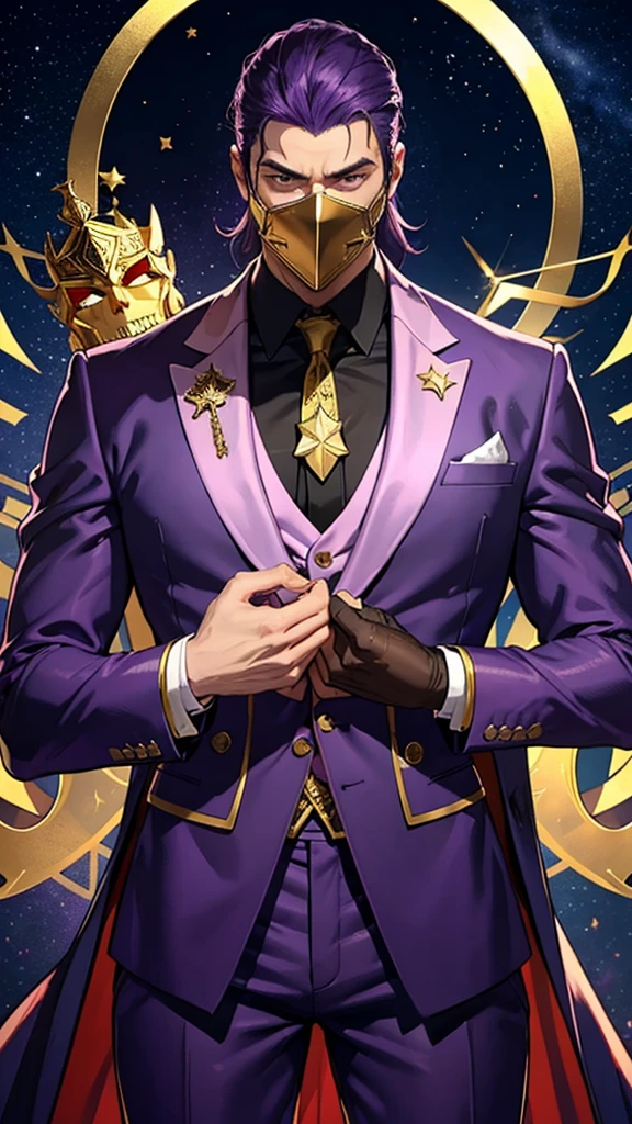 A tall, strong man who wears a purple suit with gold details and wears a star mask that covers his entire face