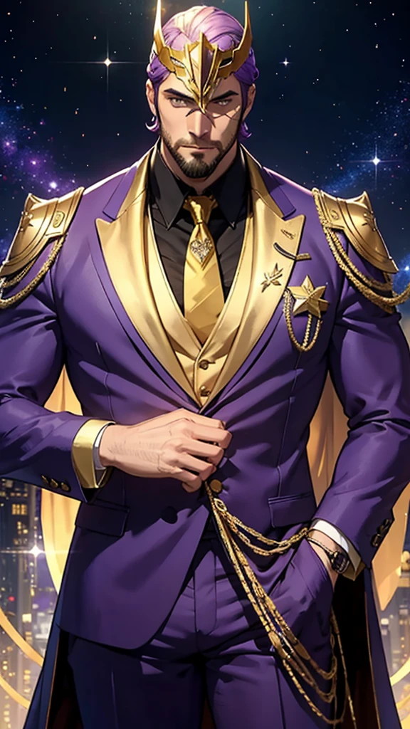 A tall, strong man who wears a purple suit with gold details and wears a star mask that covers his entire face