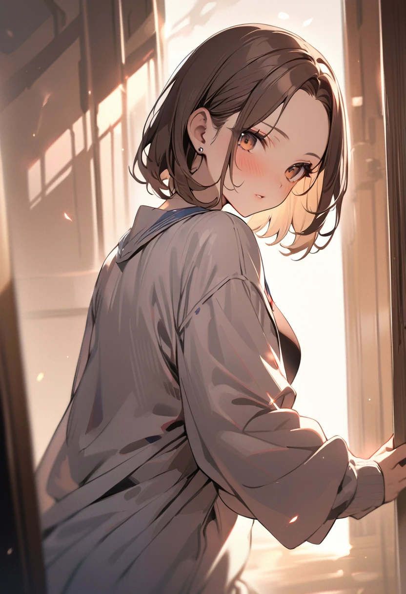 1 girl, panty puller, undressing, from low, chestnut hair. work of art, best qualityer, highy detailed