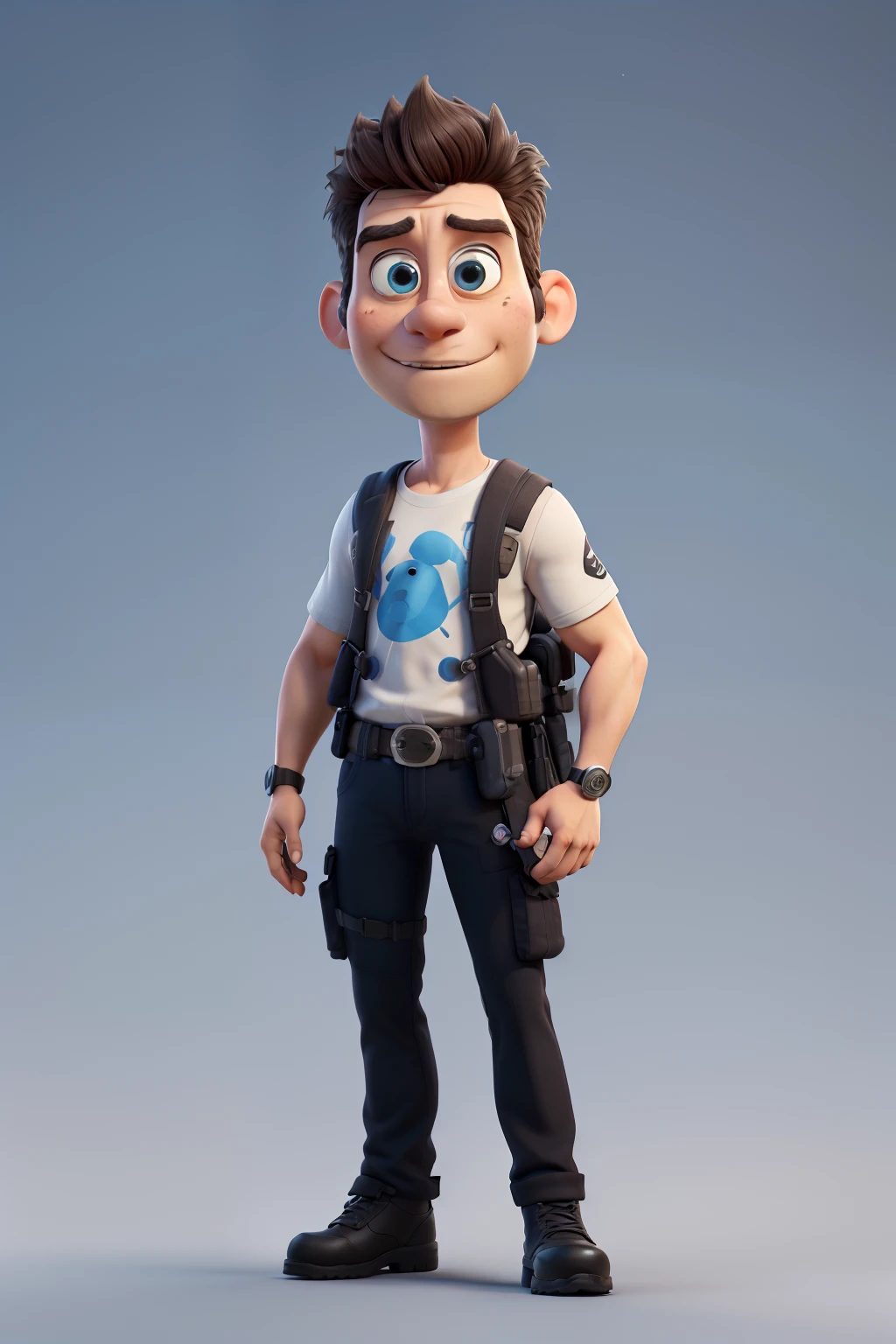 3d character, a very tall man wearing a black commando suit, body builder, very short black hair, blue colored eyes, beautiful big circular reflective eyes, big white gloves, white combat boots, white ammunition belt, black skull-print T-shirt, skull logo on chest, holding a Colt 45 pistol, (film composition), (Pixar-style:1.2), (CGI animation: 1.2), (Disney: 1.2), (animated cartoon: 0.2), (best qualityer, work of art, 4K, ultra detaild, sharp focus, 8K, High definition:1.2), (cf. Danny Mac 3D, por Follygon), (work of art: 1.2), absurderes