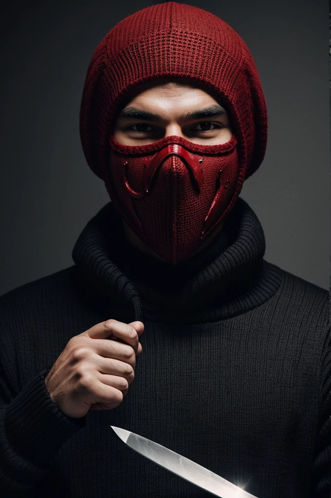 Create a man with a red mask and a long smile, with black sweater and a knife in his hand with blood