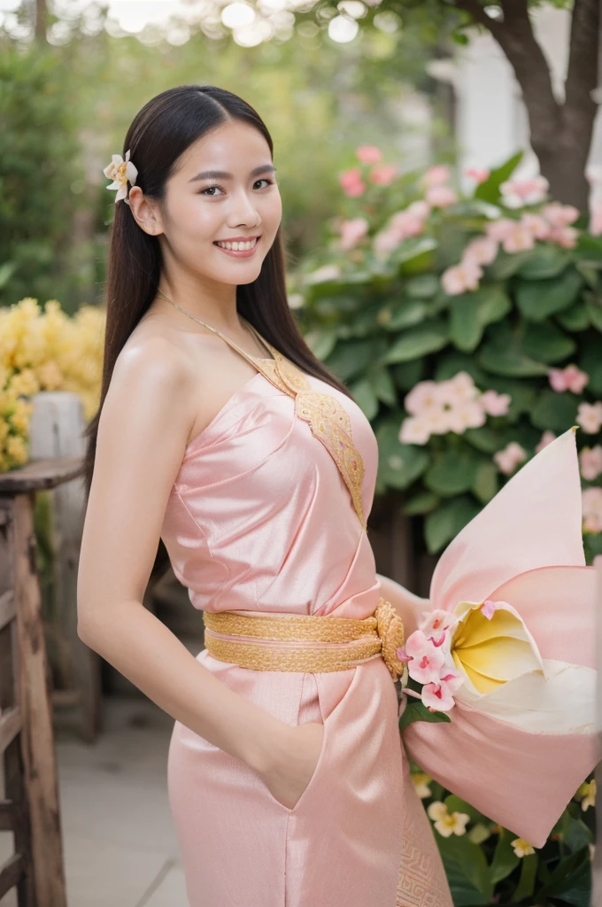 (realistic),(Masterpiece:1.2), (best quality:1.2),look at viewer,amazing gesture,(Thai traditional danceing in pink frangipani garden:1.2),golden hour,The light is dim.,Rim Light,(pink frangipani:1.2),
1 girl,((comfortable pink)),(decorations:1.2),long hair,(Kanok pattern:1.25), (smile), (35 mm lens), kodak film, big breasts