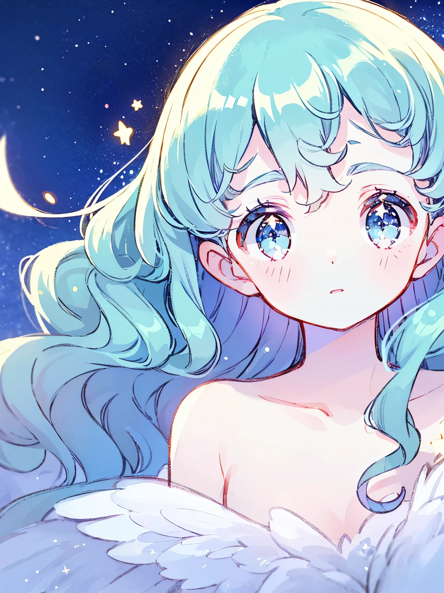 nude angel girl wearing an ethereal translucent dress, pale skin, ((blue mint wavy hair)), white feathers, angel wings, sparkling detailed eyes, golden ratio face, perfect composition, highly detailed, ethereal, (starry night sky background), midjourney style