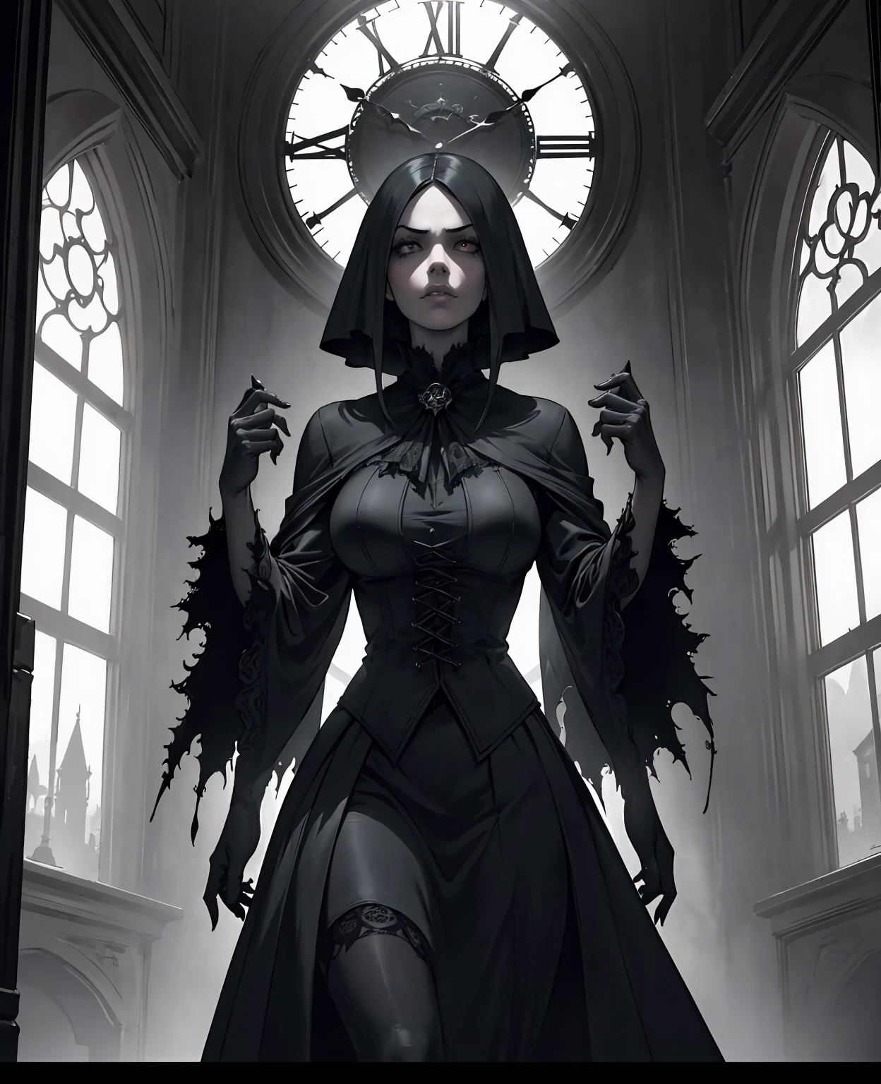 a dark twisted crow, analog clock, dark fantasy, eerie atmosphere, surreal, gothic architecture, gloomy, moody lighting, dramatic chiaroscuro, haunting, mysterious, cinematic, (best quality,4k,8k,highres,masterpiece:1.2),ultra-detailed,(realistic,photorealistic,photo-realistic:1.37)