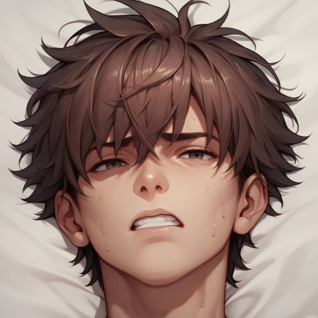 Score_9, score_8, score_7, a human male, brown shaggy hair, hair covering his eyes, clenching his teeth, looking worried, anime sweat symbol on his head, portrait, close up, naked, front view, lying on his back