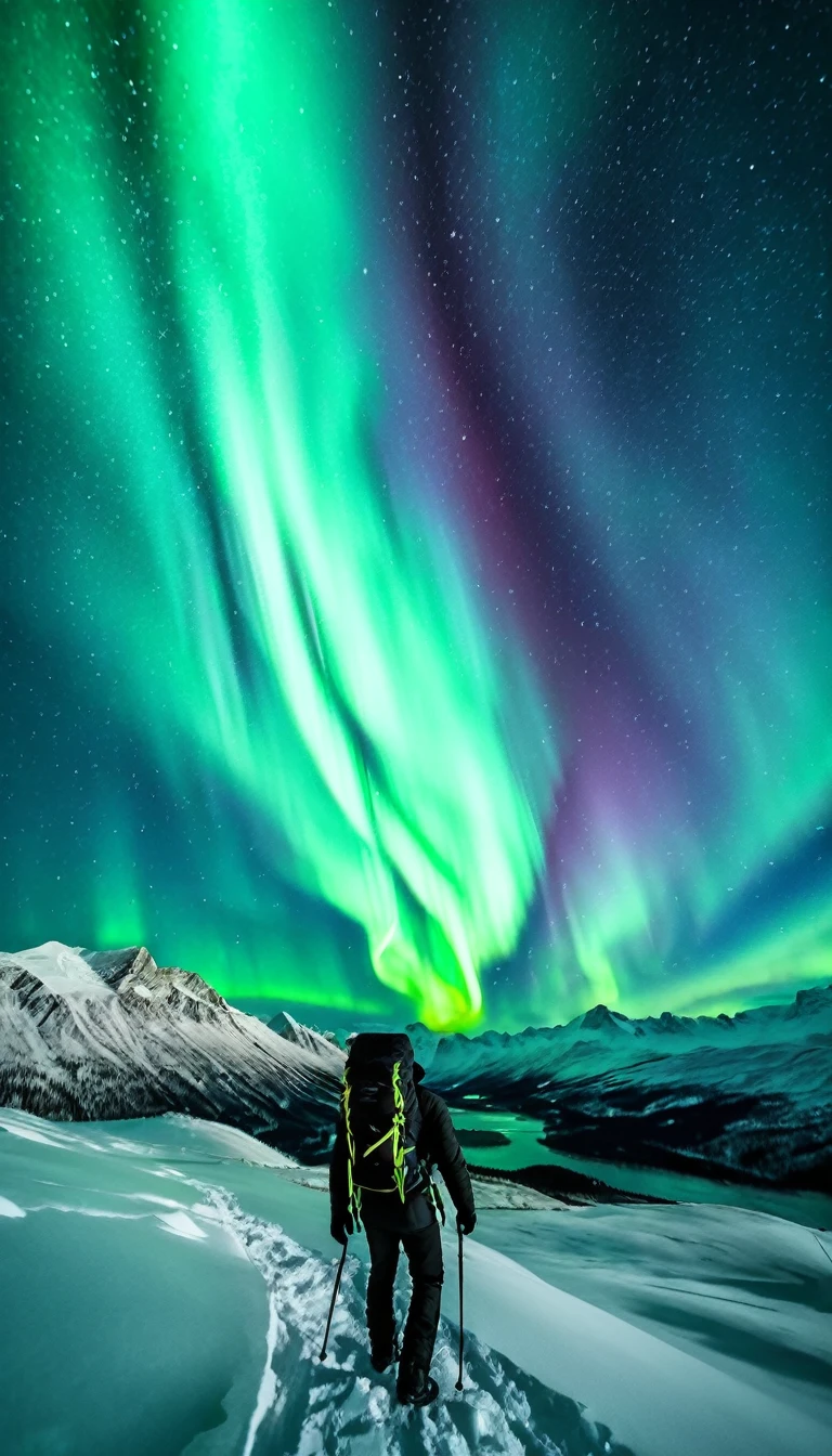 imagine a beautiful night landscape with a starry sky and the aurora borealis of a snowy mountain with a mountaineering man with a backpack with the camera angle showing the man from the back and with dynamic lighting in 8k ultra hd by greg rutowski