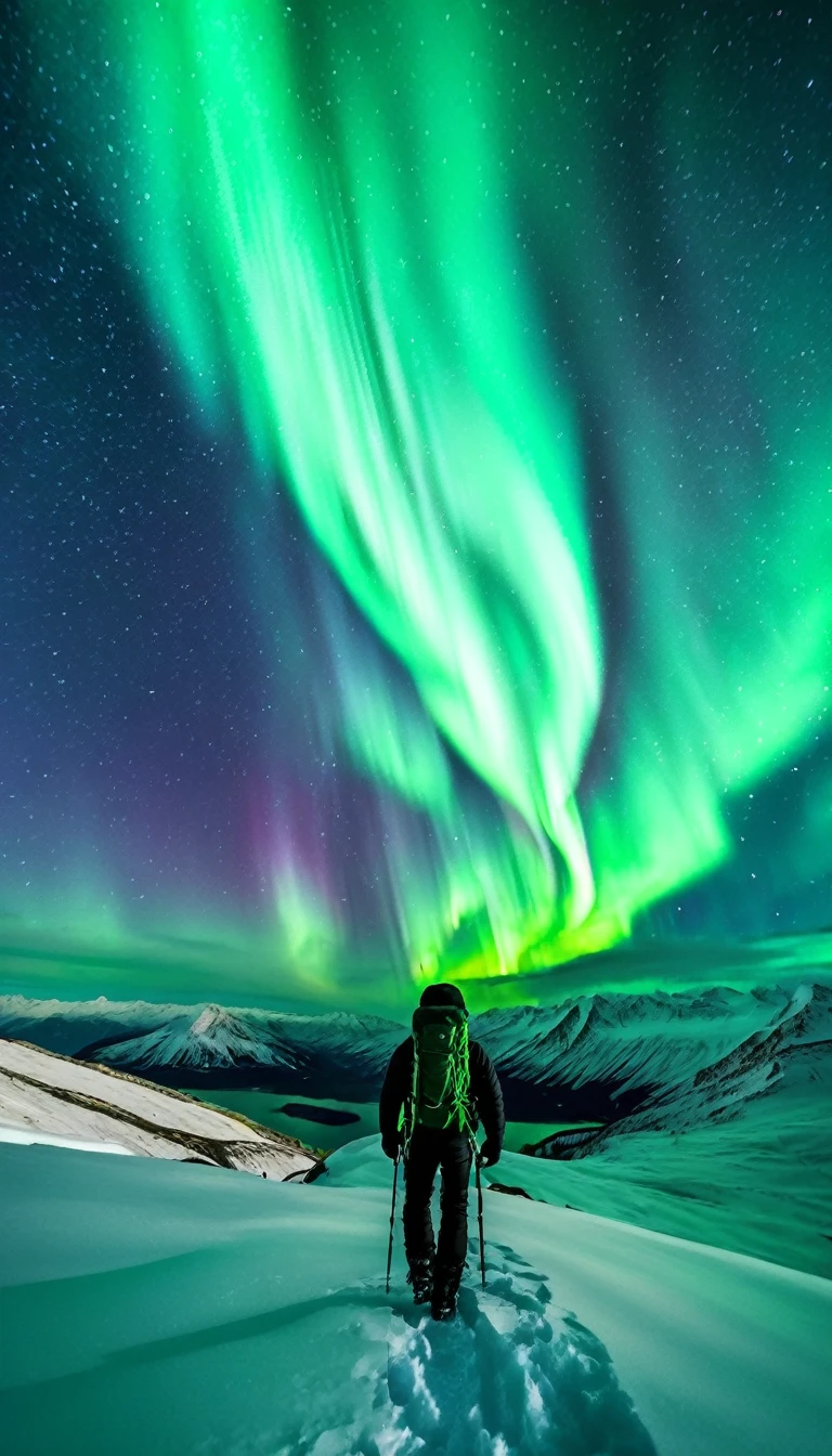 imagine a beautiful night landscape with a starry sky and the aurora borealis of a snowy mountain with a mountaineering man with a backpack with the camera angle showing the man from the back and with dynamic lighting in 8k ultra hd by greg rutowski