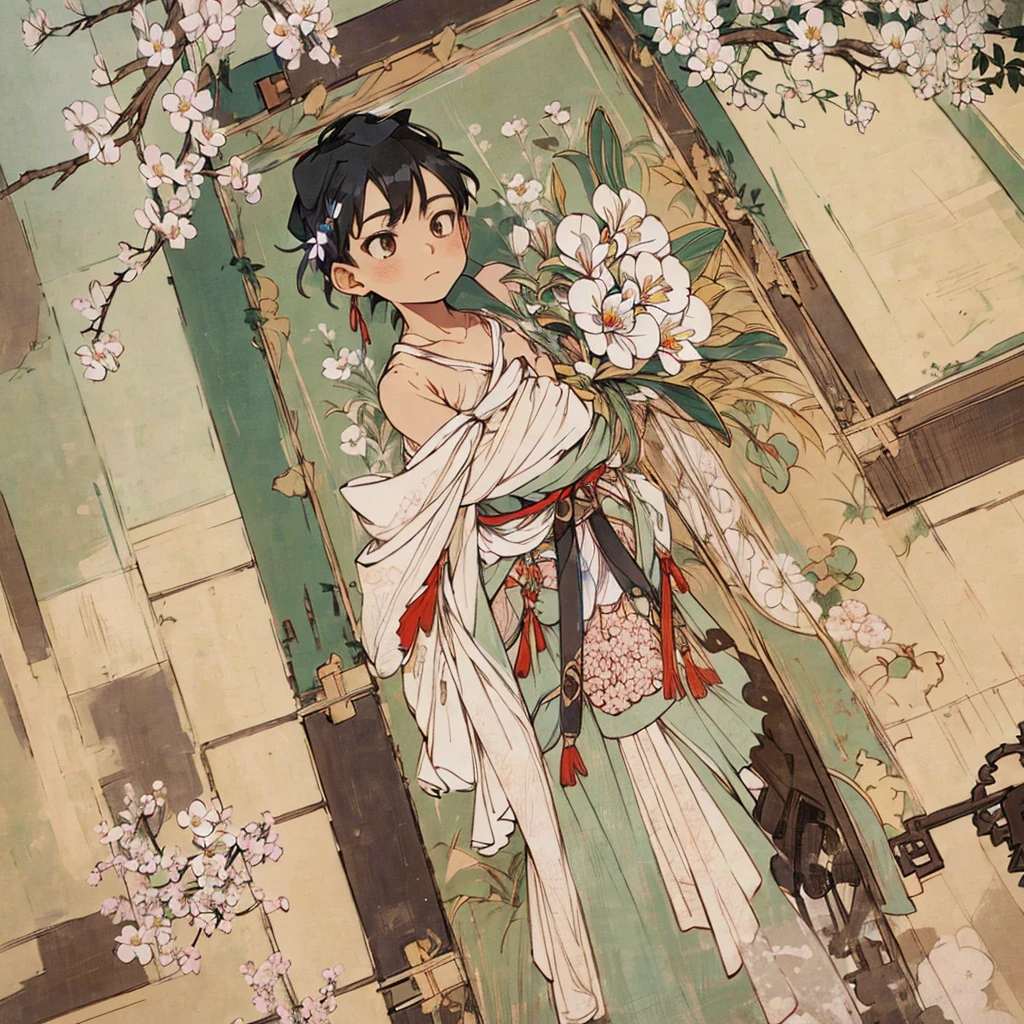 A young boy who has a slit in his forearm, and inside there are white orchid flowers, and he picked one of those flowers.