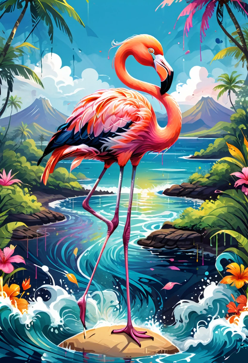 vectorial art, Colorful illustration with flamingo, At the center, swirly vibrant colors, paint splashes and smears, high détail,Hawaii Island Background
(work of art, best qualityer, proffesional, perfect composition, very aesthetic, absurdrez, super verbose, details Intricate:1.3)