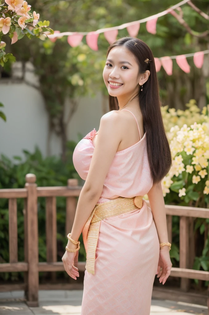 (realistic),(Masterpiece:1.2), (best quality:1.2),look at viewer,amazing gesture,(Thai traditional danceing in pink frangipani garden:1.2),golden hour,The light is dim.,Rim Light,(pink frangipani:1.2),
1 girl,((comfortable pink)),(decorations:1.2),long hair,(Kanok pattern:1.25), (smile), (35 mm lens), kodak film, big breasts