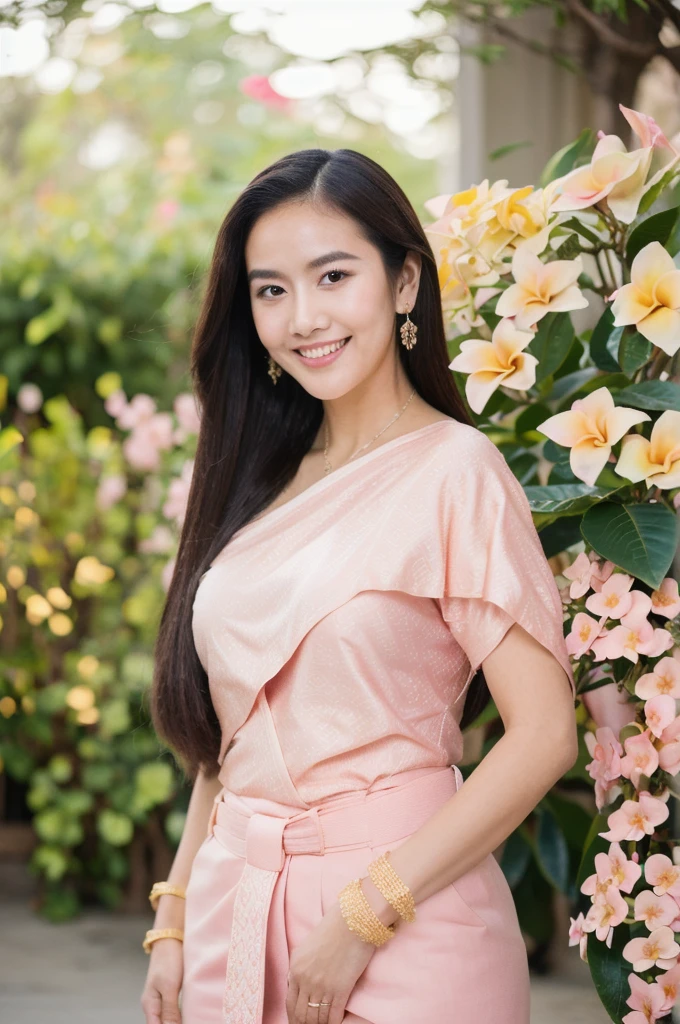 (realistic),(Masterpiece:1.2), (best quality:1.2),look at viewer,amazing gesture,(Thai traditional danceing in pink frangipani garden:1.2),golden hour,The light is dim.,Rim Light,(pink frangipani:1.2),
1 girl,((comfortable pink)),(decorations:1.2),long hair,(Kanok pattern:1.25), (smile), (35 mm lens), kodak film, big breasts