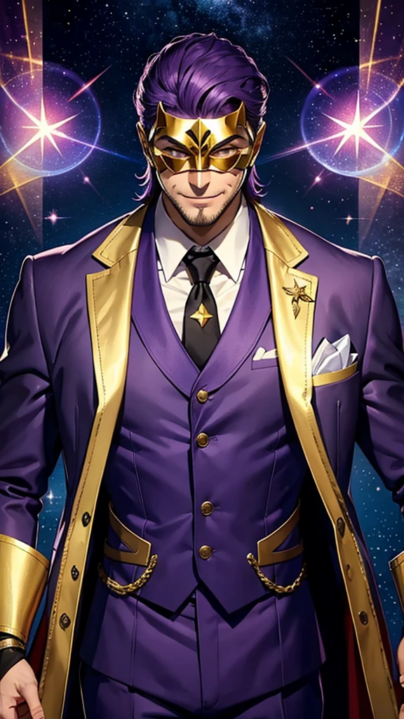 A tall, strong man who wears a purple suit with gold details and wears a smiling star mask that covers his entire face