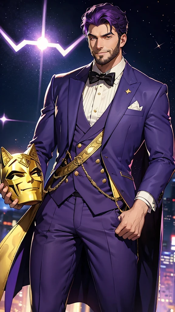 A tall, strong man who wears a purple suit with gold details and wears a smiling star mask that covers his entire face 