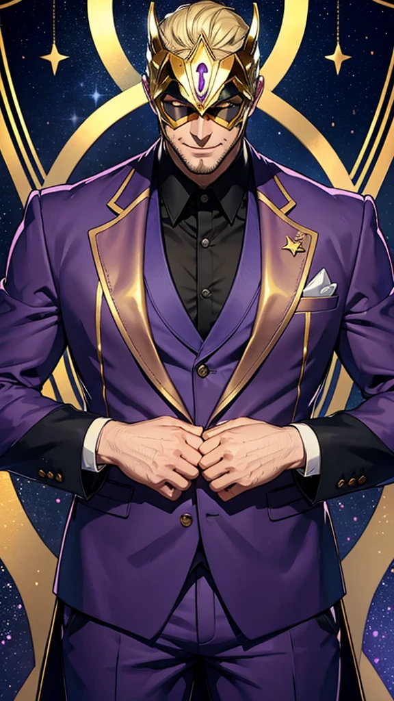 A tall, strong man who wears a purple suit with gold details and wears a smiling star mask that covers his entire face