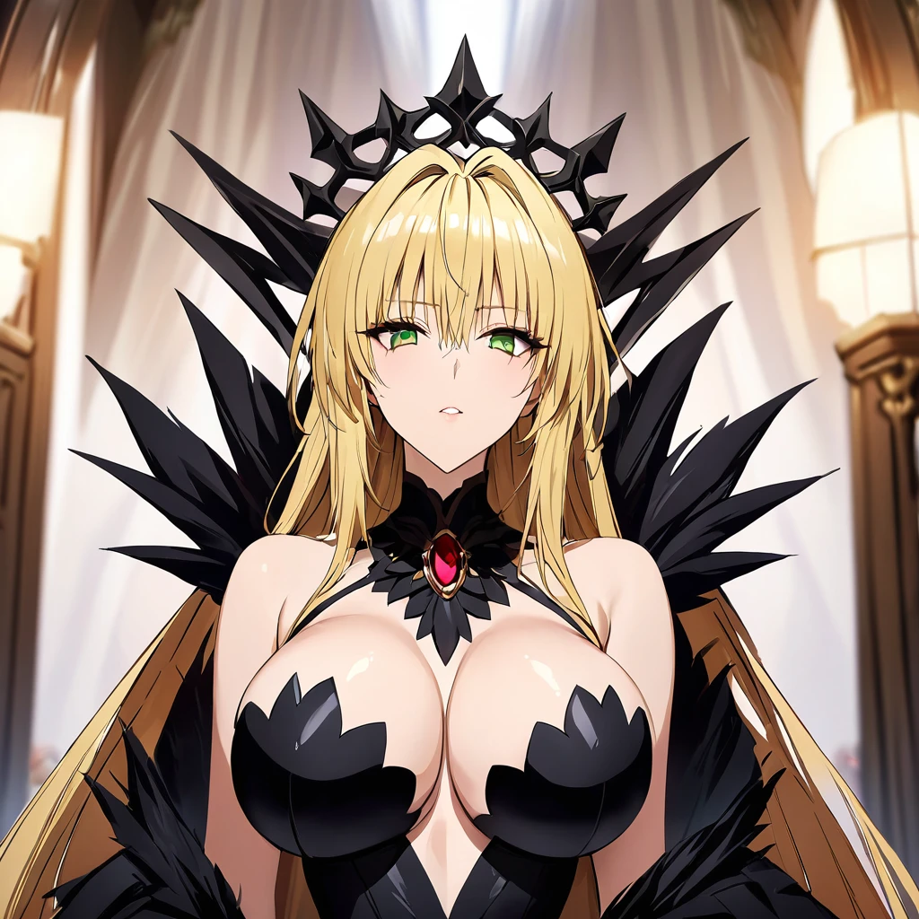((Highest quality)), ((masterpiece)), (detailed), (Perfect Face)、The woman is Tiare, a green-eyed, blonde, medium-long-haired queen of darkness, wearing a gorgeous dress and crown as the queen of darkness, reigning on a gorgeous throne.
