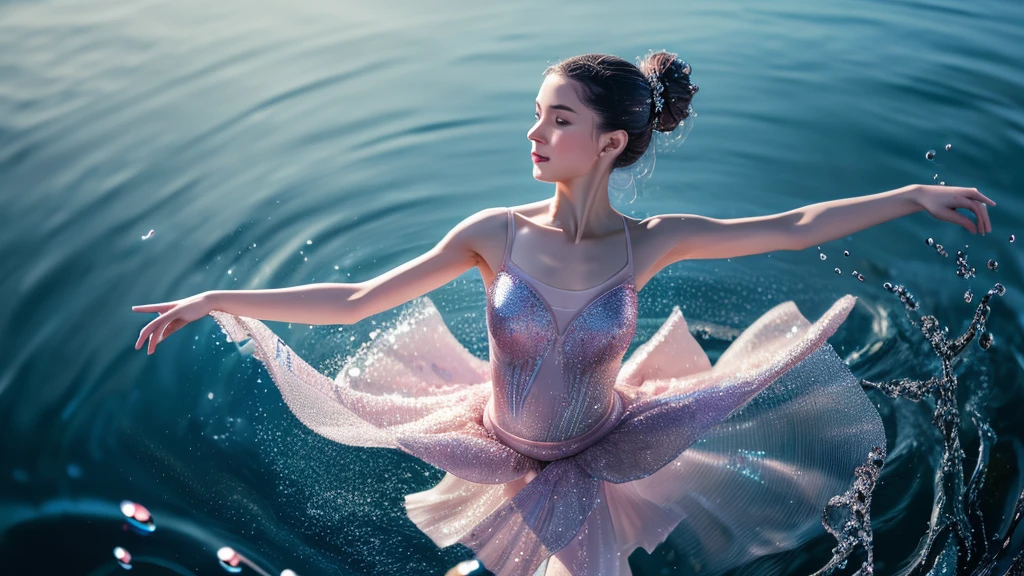 Photo 3d uhd hyper detailed ultra realistic representation oil paint, a ballerina made of flowing water doing a pirouette, water drops flying around, background black