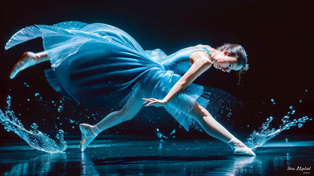 Photo 3d uhd hyper detailed ultra realistic representation oil paint, a ballerina made of flowing water doing a pirouette, water drops flying around, background black
