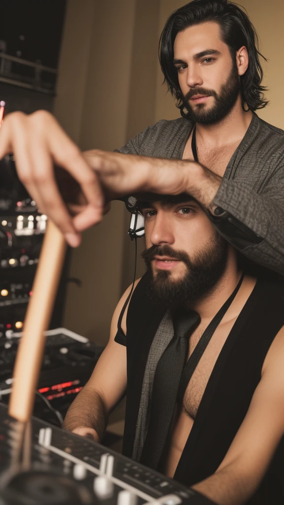 A sexy male DJ in a club, handsome face, short beard, messy black hair, headphone, Dj set up, party,fun, music , homoerotic, nsfw ,penis
