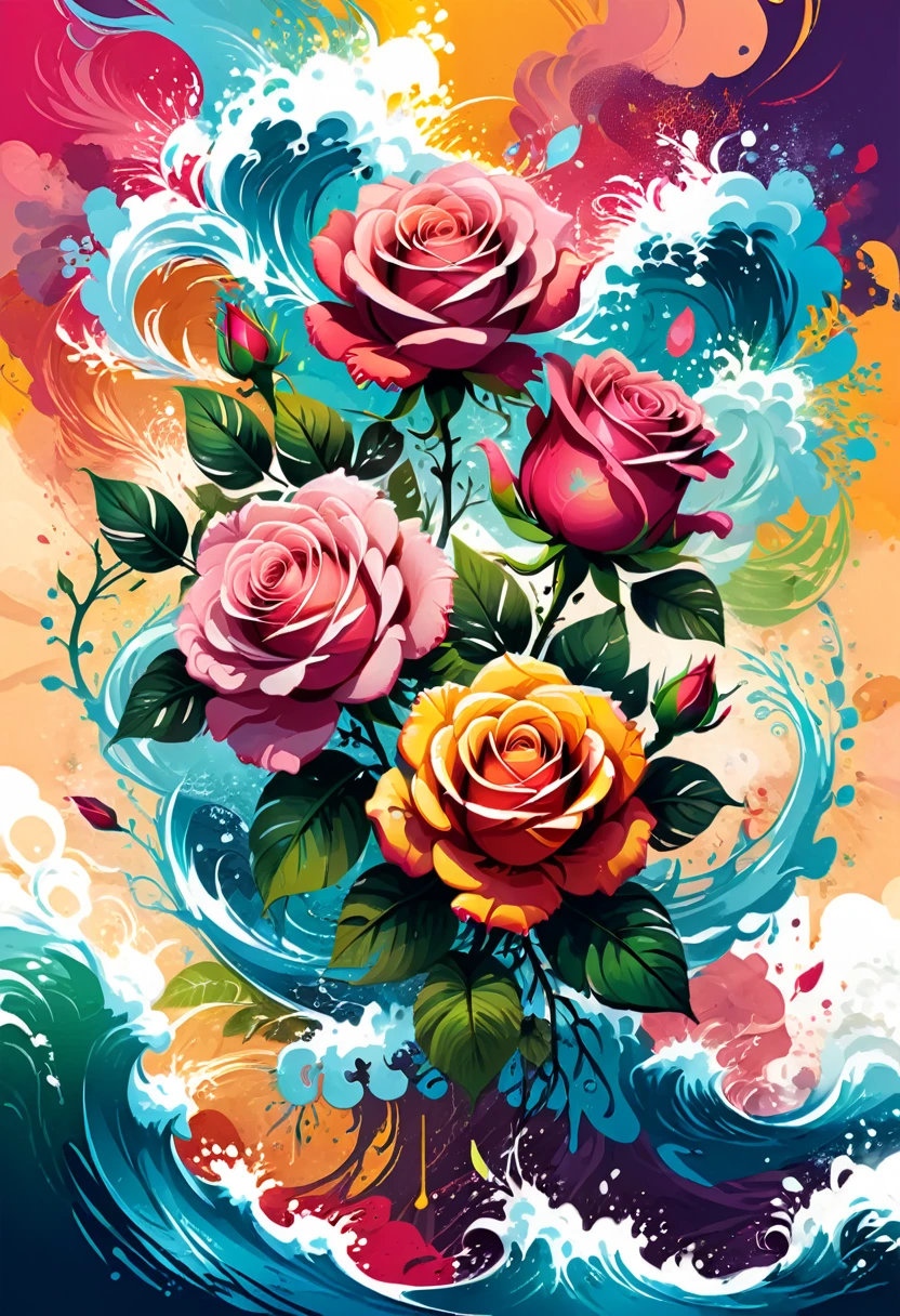 vectorial art, Colorful illustration with roses, At the center, swirly vibrant colors, paint splashes and smears, high détail,Hawaii Background
(work of art, best qualityer, proffesional, perfect composition, very aesthetic, absurdrez, super verbose, details Intricate:1.3)