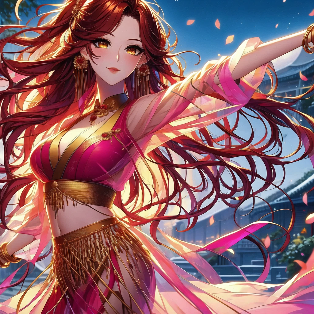 (masterpiece, best quality: 1.2), 1 female, solo, dancing alone, Xian Mei, beautiful golden eyes, long red curly hair, detailed face, beautiful face, jewelry, perfect anatomy, perfect body, traditional pink-purple belly dance dress, medieval china, sexy, hot, beautiful background, belly dance, dance, beautiful dance, mountains in the background, Japanese cherry trees, daytime, sharp image, clear image, Hd resolution, quality,