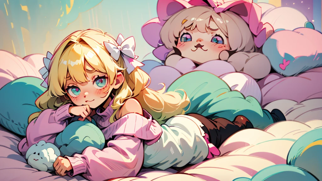 cute, happy, very long blonde hair, bangs, white bow in the back of hair, turquise eyes, big eyes, pink oversized off shoulder sweater, kawaii, comfy, white and pastel pink bedroom, lay down on bed, gamer, adorable, cuteness, shy, blush, closeup, twitter header, cozy, comfy, sleepy, long sleeves, no pants, only a big sweater that covers everything