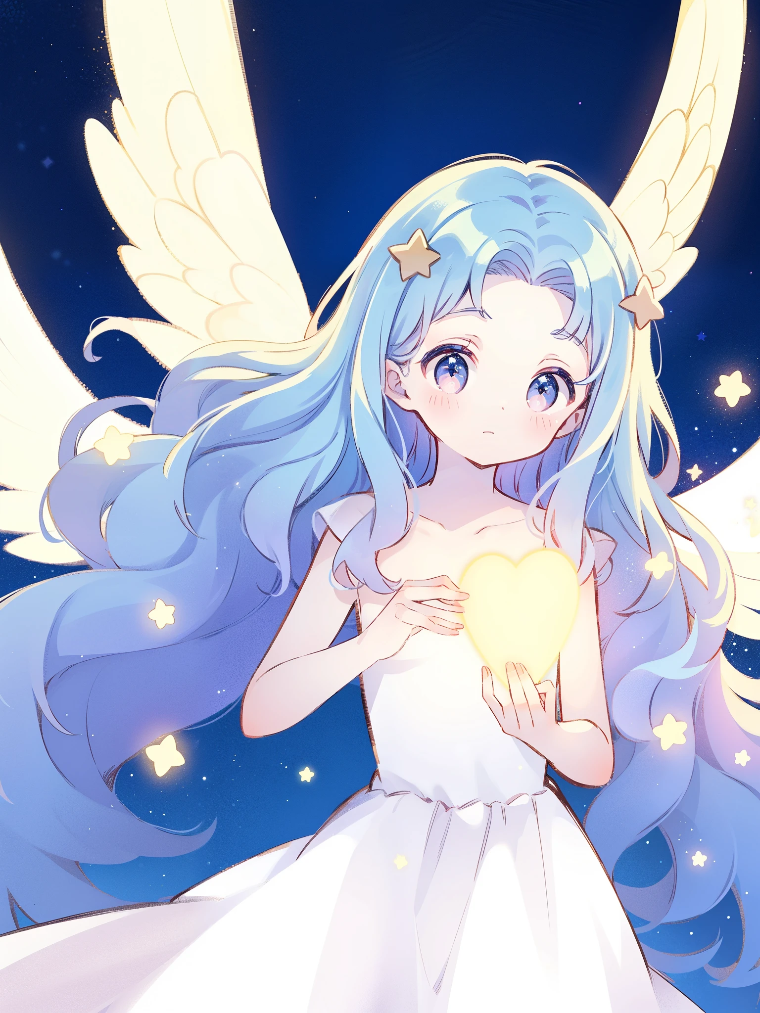 nude angel girl wearing an ethereal translucent dress, pale skin, ((wavy blue hair)), white feathers, angel wings, sparkling detailed eyes, golden ratio face, perfect composition, highly detailed, ethereal, (starry night sky background), midjourney style