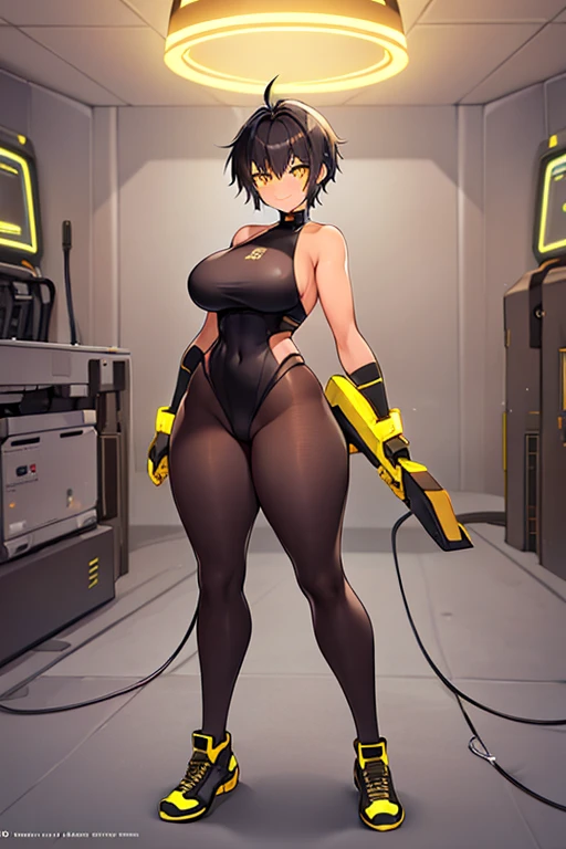 1girl, tan, tan skin, tan-skinned female, tomboy, thick thighs, yellow eyes, black hair, very short hair, spiked hair, pixie cut, large breasts, hourglass figure, bodysuit, black bodysuit, neon, neon trim, machinery, tech, science-fiction, futuristic, smile, standing, full body, ((full body)), pantyhose