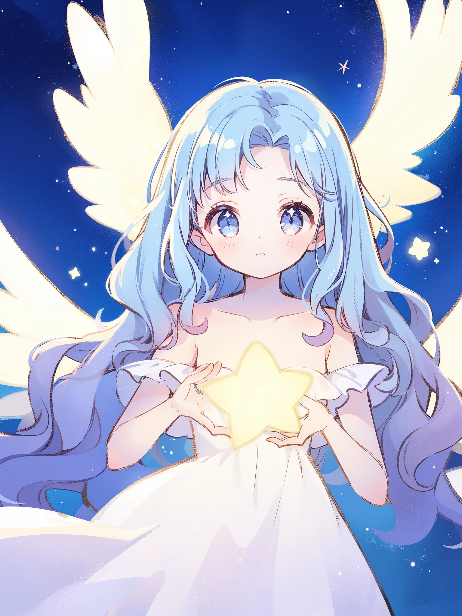 cute style, nude angel girl wearing an ethereal translucent dress, pale skin, ((wavy blue hair)), white feathers, angel wings, sparkling detailed eyes, golden ratio face, perfect composition, highly detailed, ethereal, (starry night sky background), midjourney style