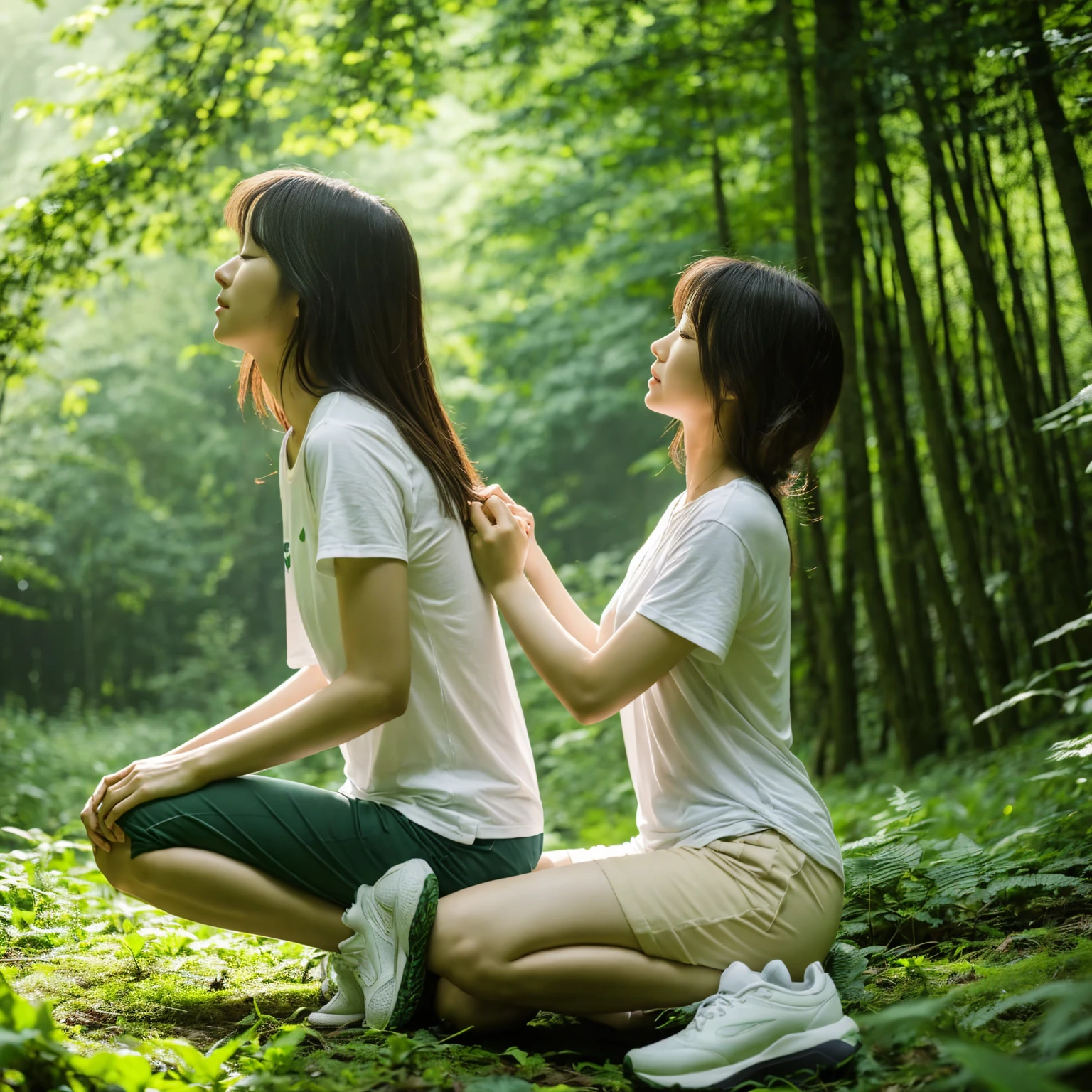 A couple from Korea sits squatting (open legs) in the middle of a lush forest. They wore casual clothes with white t-shirts and shorts, and white sports shoes. The man sits behind the woman, hugging her with his arms around her waist and shoulders, while the woman leans back with her head against the man's chest, with her eyes closed as if enjoying a quiet and intimate moment together. The forest background shows tall trees and dense green leaves, giving the image a natural and peaceful feel. Sunlight can be seen faintly penetrating between the leaves, creating a shady and comfortable atmosphere.
