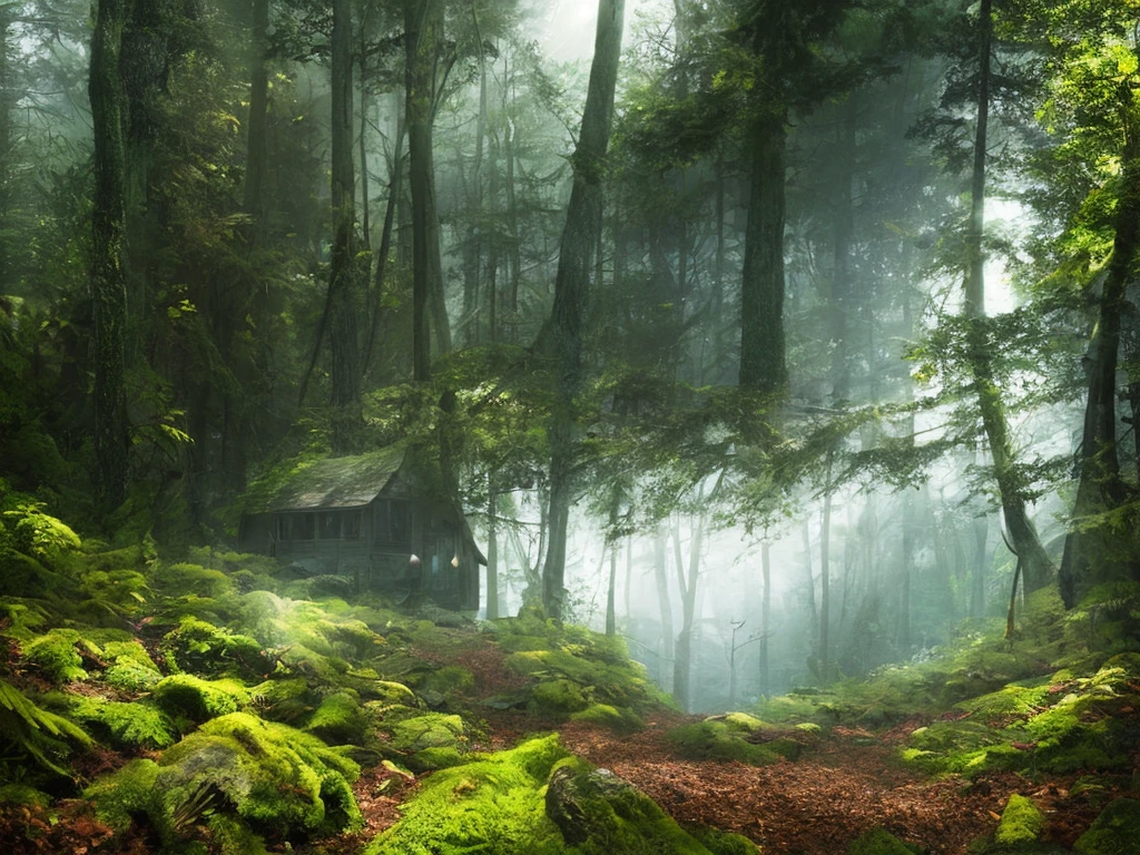 A cottage in a thick forest, high chaos, dark fairytale atmosphere, volumetric light, soft sunlight, intricate work by Johan Grenier style, Alyssa Monks style