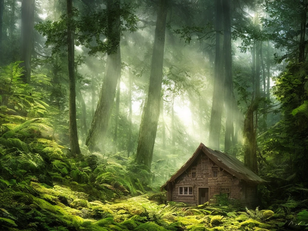 A cottage in a thick forest, high chaos, dark fairytale atmosphere, volumetric light, soft sunlight, intricate work by Johan Grenier style, Alyssa Monks style