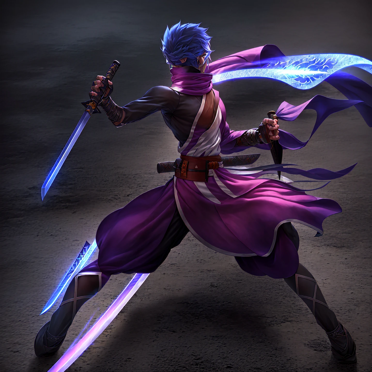 anime character with sword and scarf in a fighting pose, angry character wielding a sword, dramatic wielding sword pose, with large sword, anime style character, inspired by Kamisaka Sekka, anime in fantasy style, clean lineart and color, concept art of a monk, warrior character design, carrying scabbard on his back, picture of an adult male warrior